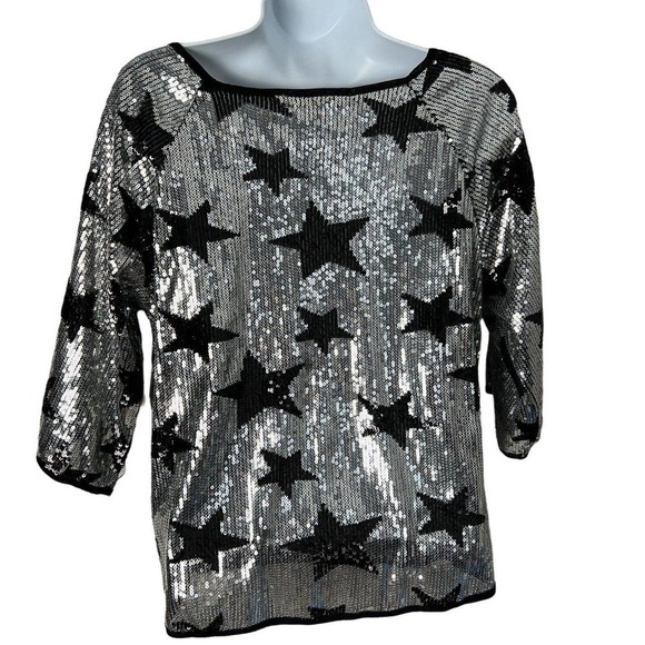 NEW Boston Proper Silver Black Star Sequin Top Blouse Size XXS - Picture 7 of 11